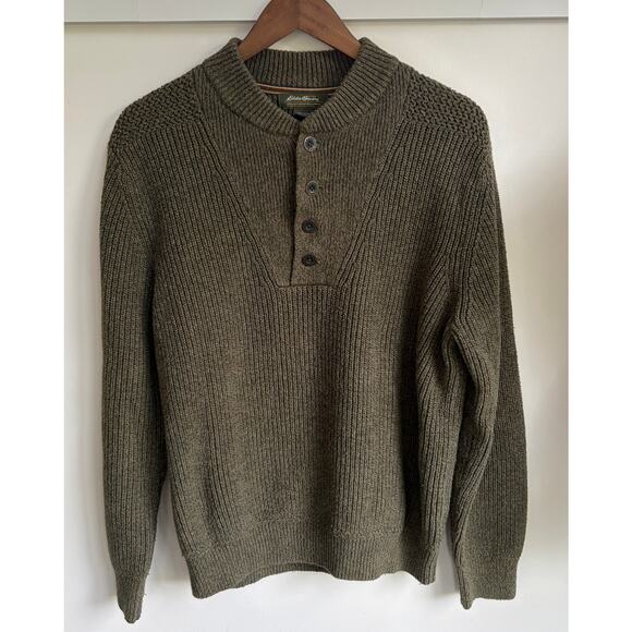 Eddie Bauer Fisherman's Olive Green Knit Sweater Men's Large Pullover Button - Picture 2 of 6